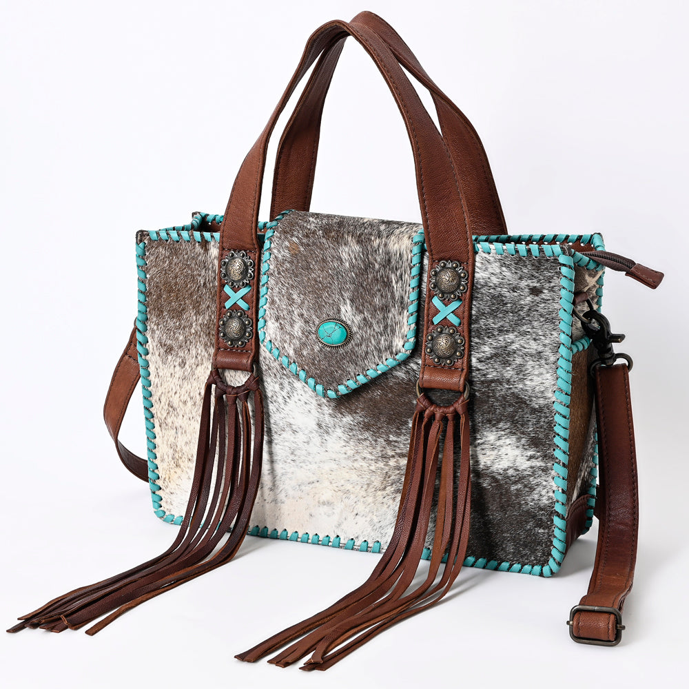 American Darling Western Tote Bag Handcrafted from Hair-On Cowhide & Genuine Leather | Concho Detail & Fringe