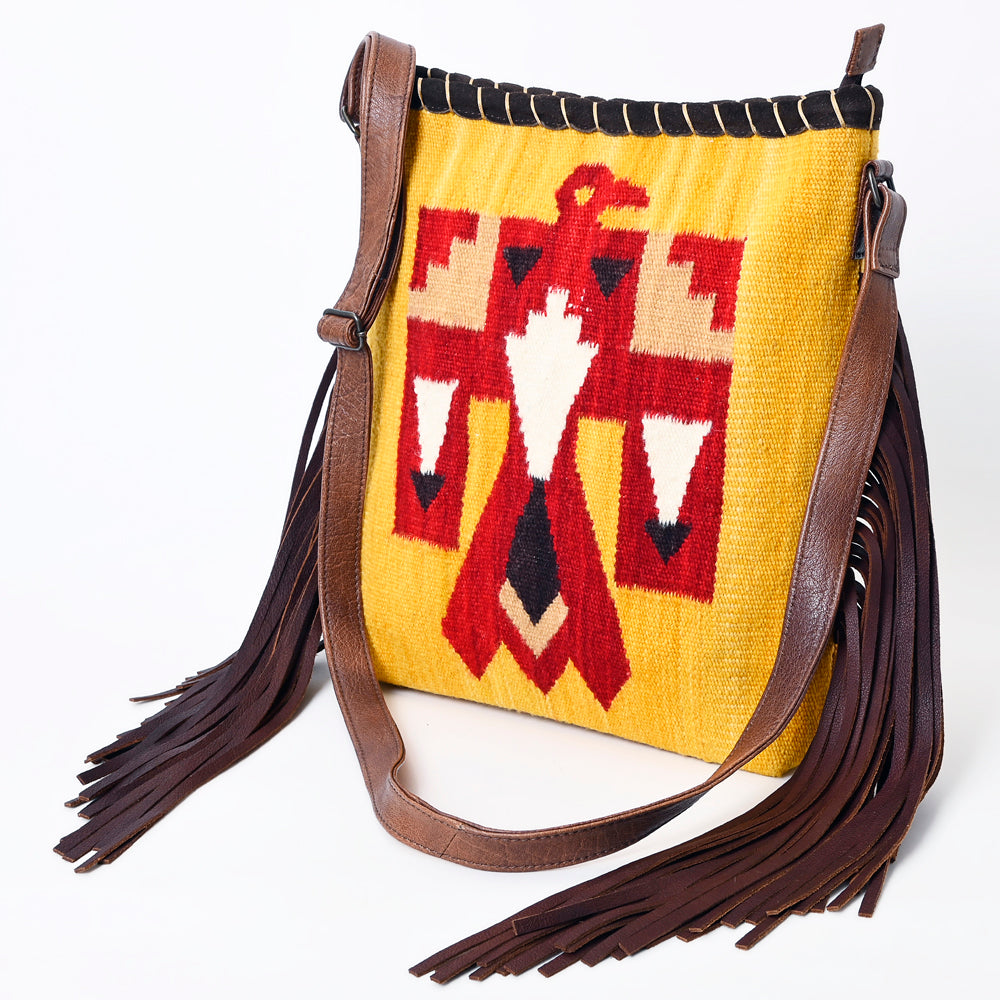 American Darling Western Crossbody Bag Handcrafted from Hand Woven Saddle Blanket | Motif & Long Leather Fringe