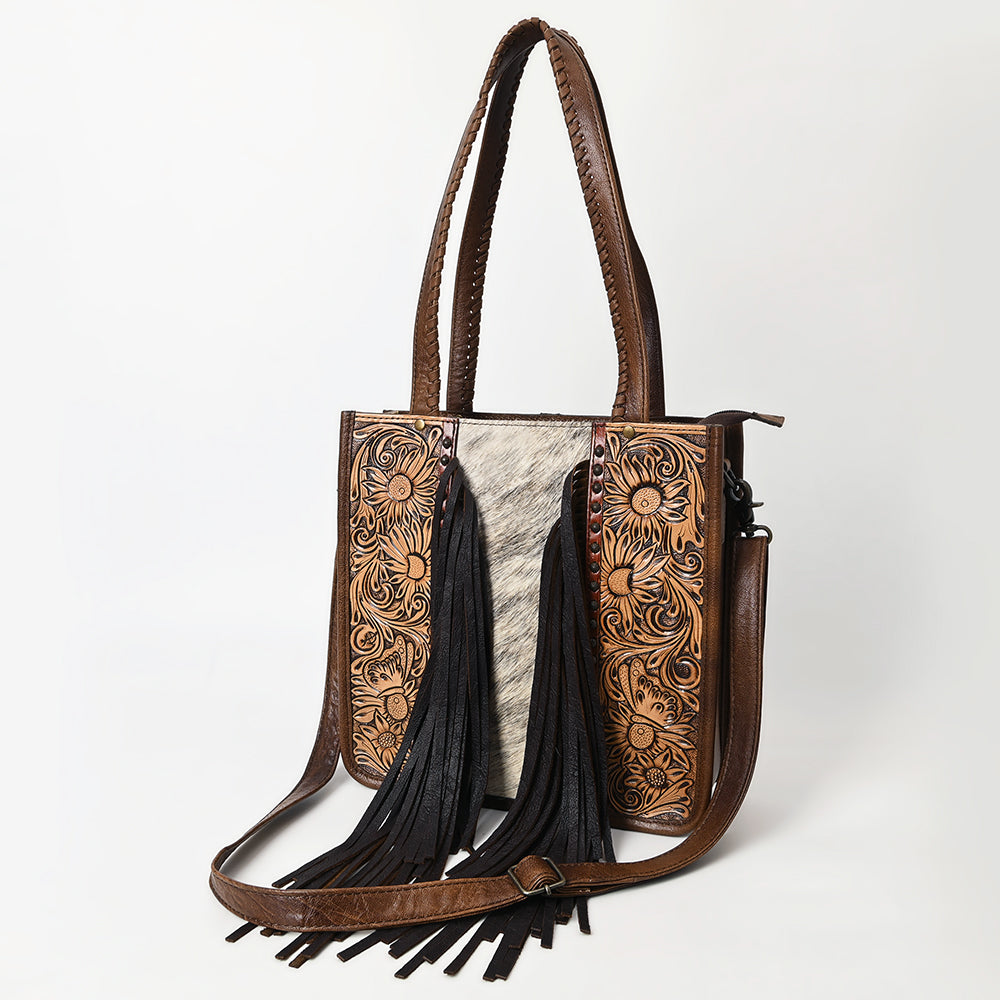 American Darling Western Tote Bag Handcrafted from Hair-On Cowhide & Tooled Leather | Long Fringe & Braided Handles