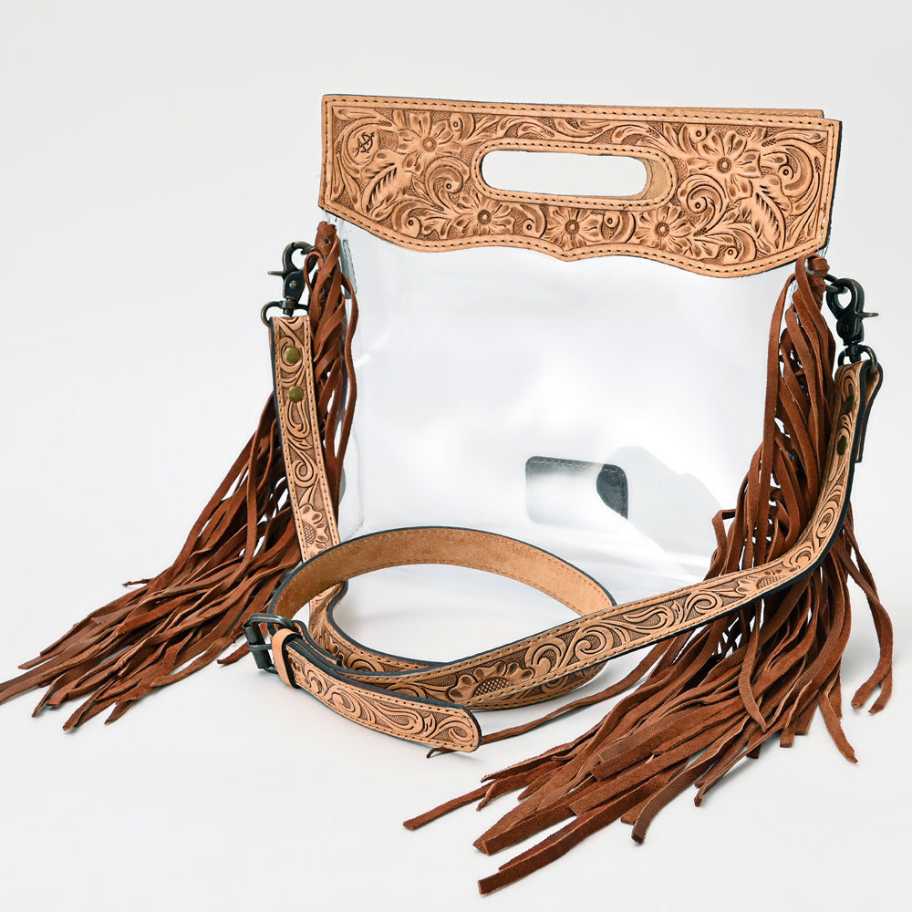 American Darling Western Clear Bag with Long Leather Fringe | Hand Tooled Floral Leather Trim & Carry Handle