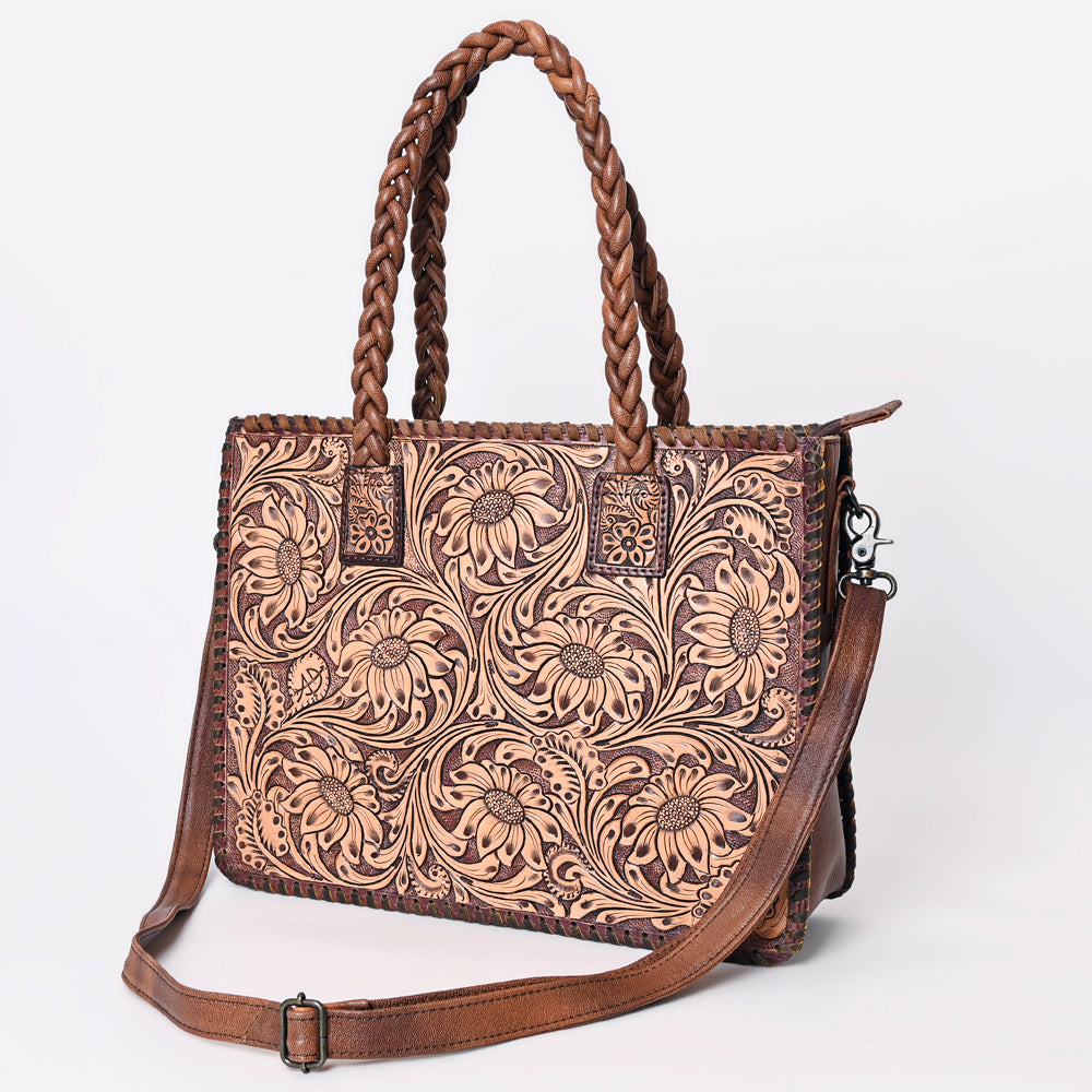 American Darling Western Tote Bag Handcrafted from Hand Tooled Genuine Leather | Floral Carved Purse with Braided Handles & Crossbody Strap