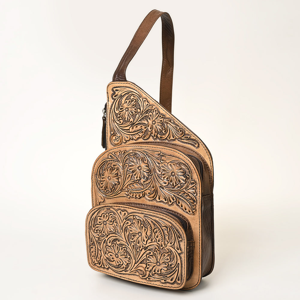 American Darling Western Sling Backpack Handcrafted from Hand-Tooled Genuine Leather | Floral Carved with Multiple Zipper Pockets for Travel