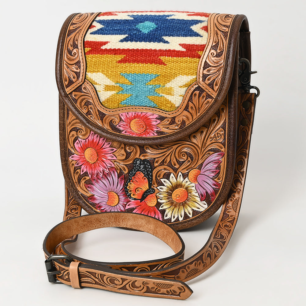 American Darling Western Crossbody Bag Handcrafted from Saddle Blanket & Hand-Tooled Leather | Hand Painted Floral & Flap Closure