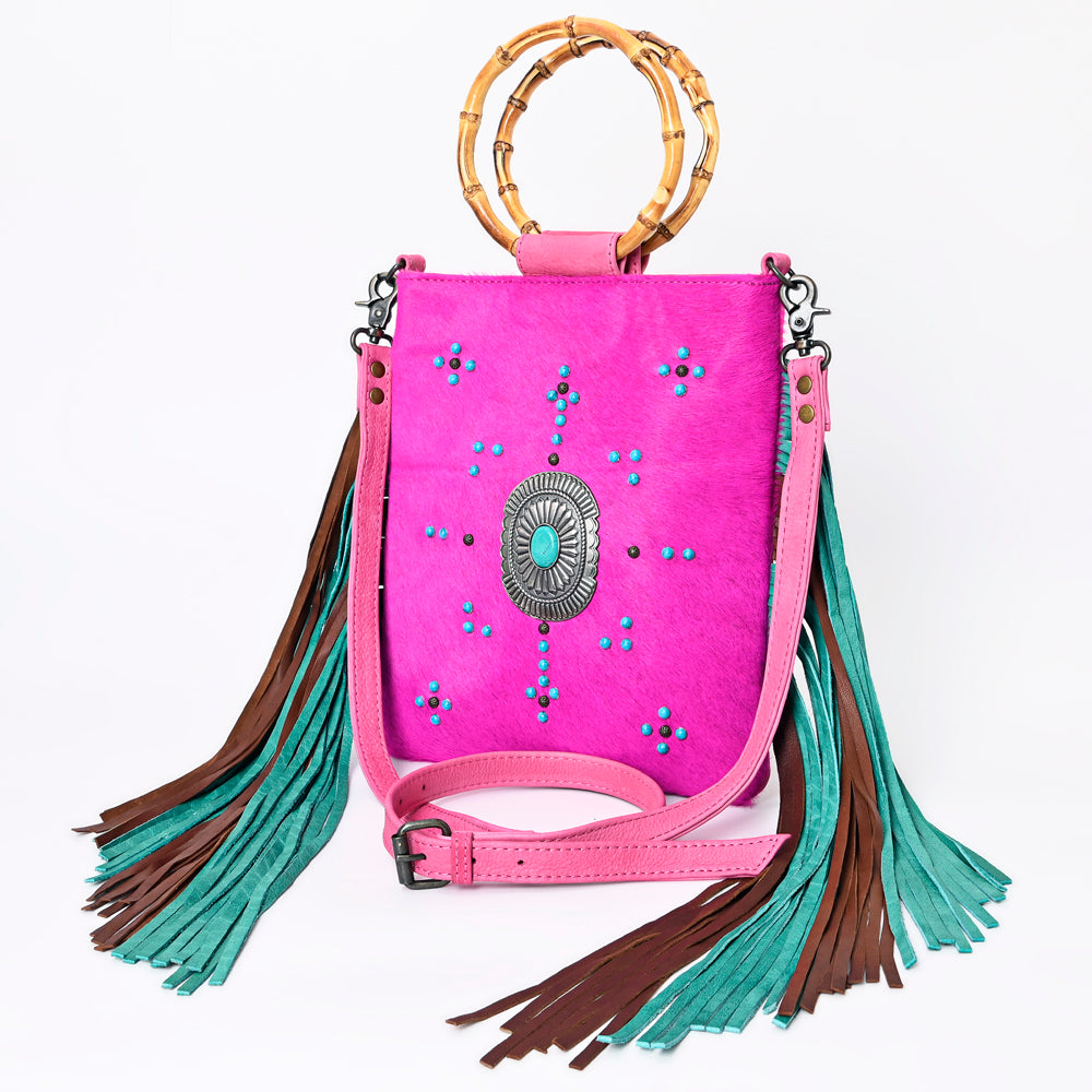 American Darling Western Crossbody Bag Handcrafted from Hair-On Cowhide | Two-Tone Fringe, Bamboo Handle & Concho Accent