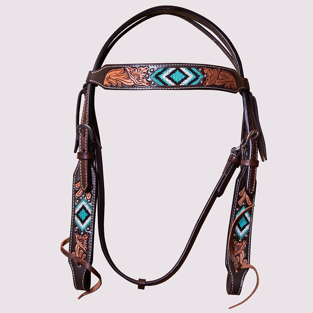 HILASON Horse Beaded Breast Collar One Ear Headstall Noseband Genuine Leather Brown