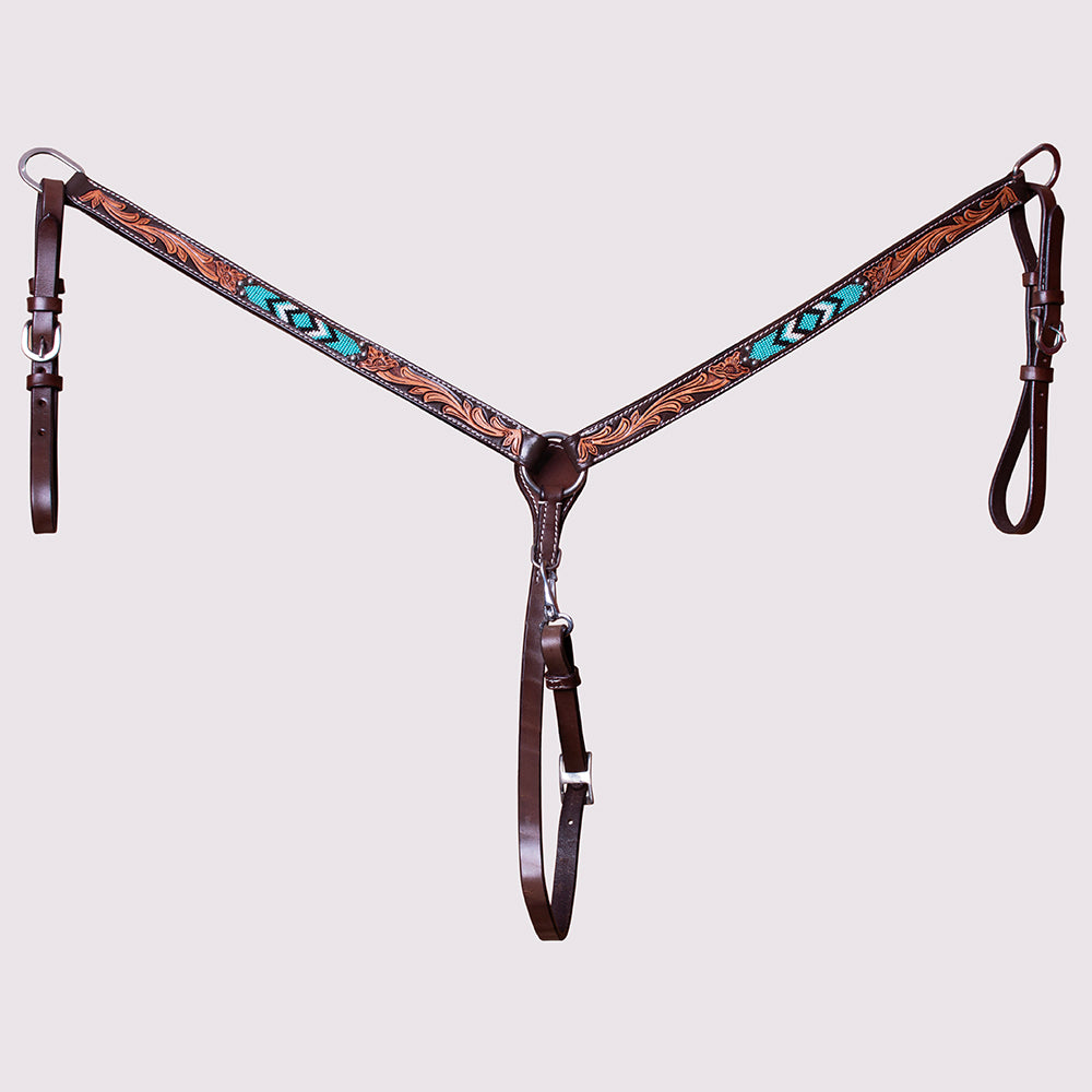 HILASON Horse Beaded Breast Collar One Ear Headstall Noseband Genuine Leather Brown