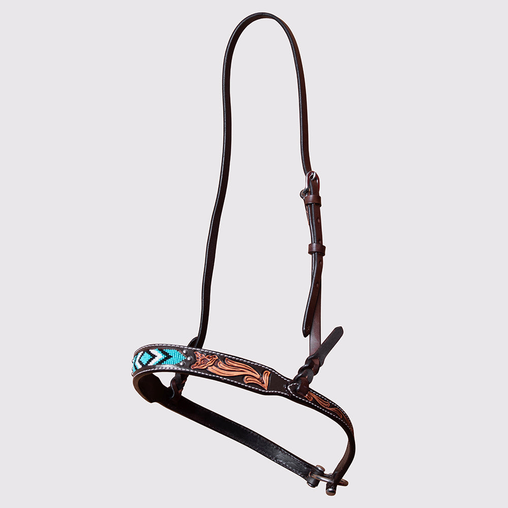 HILASON Horse Beaded Breast Collar One Ear Headstall Noseband Genuine Leather Brown