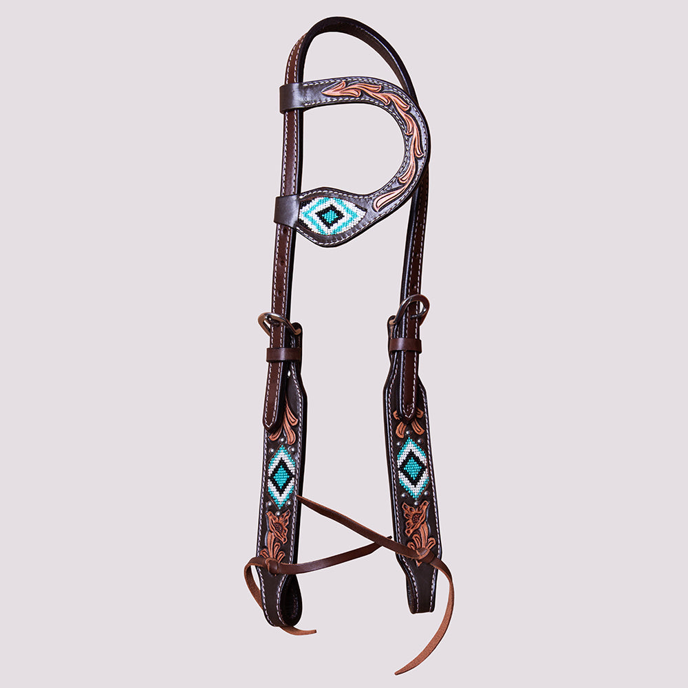 HILASON Horse Beaded Breast Collar One Ear Headstall Noseband Genuine Leather Brown