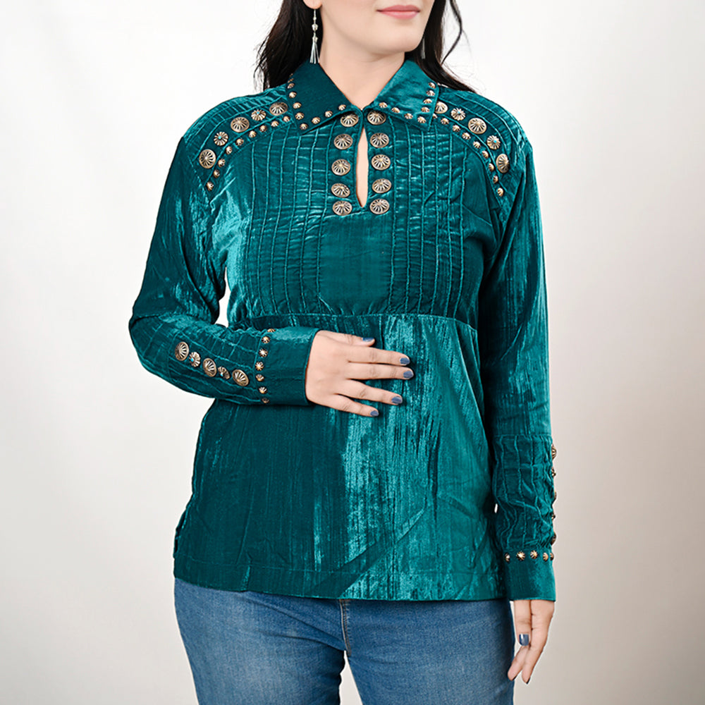 American Darling Velvet Women shirt dress Tunic Ladies girl Top Teal | Vintage Leather
