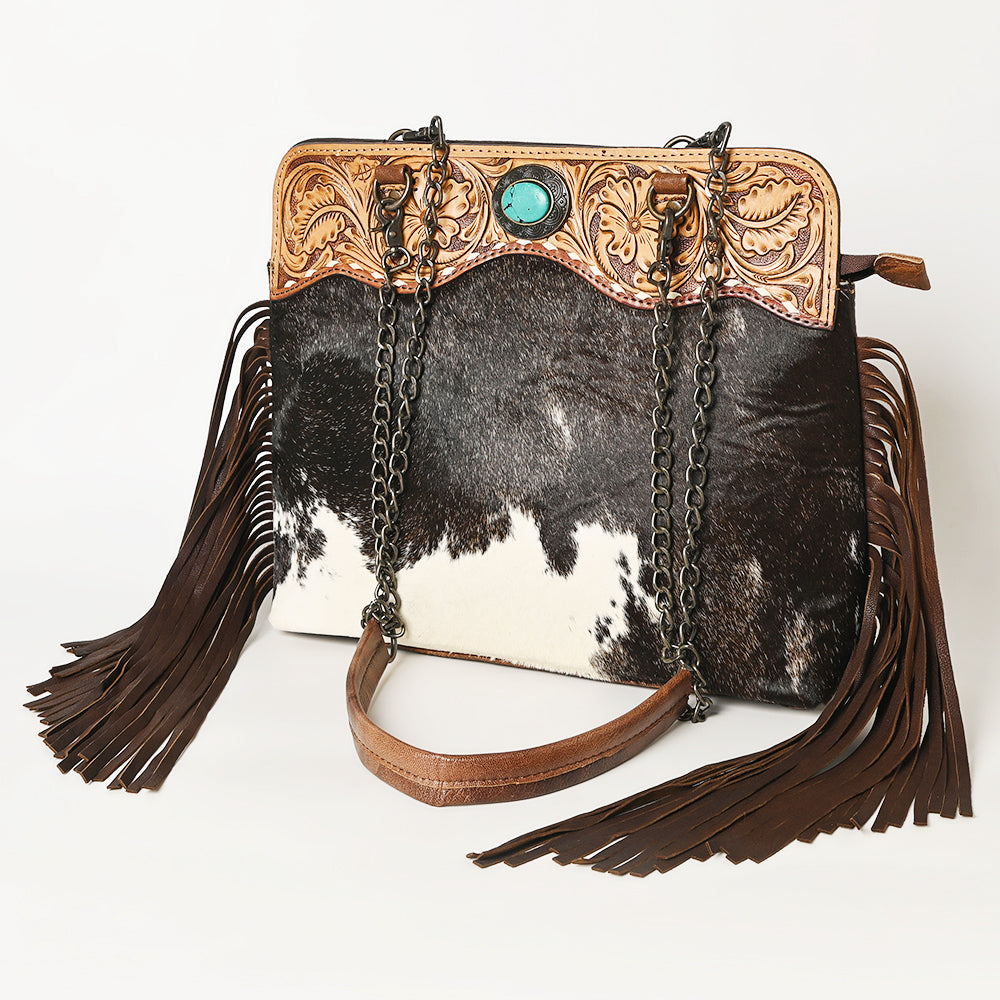 American Darling Large Western Crossbody Handcrafted from Hair-On Cowhide & Tooled Leather | Fringe, Chain Detail & Concho