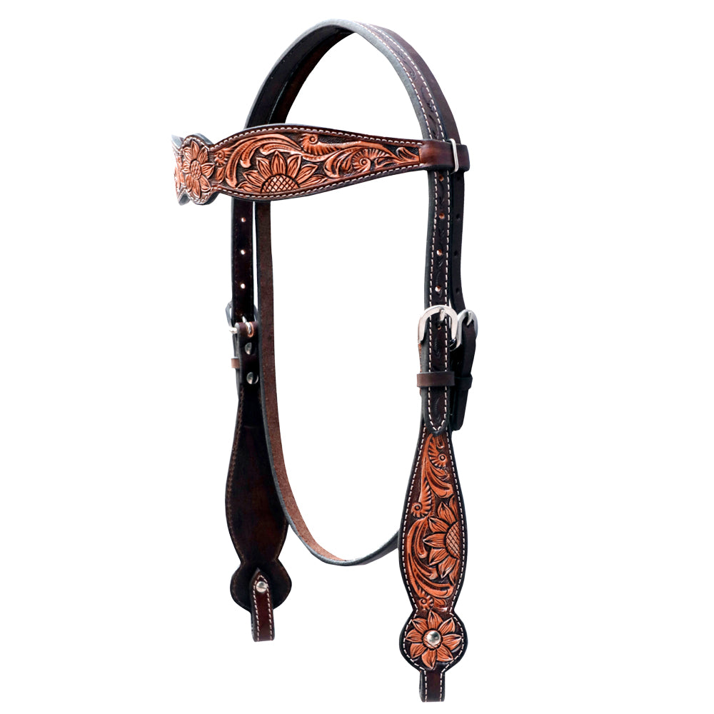 HILASON Western Horse Floral Headstall Breast Collar Set American Leather Dark Brown Harness | Tack for Horses