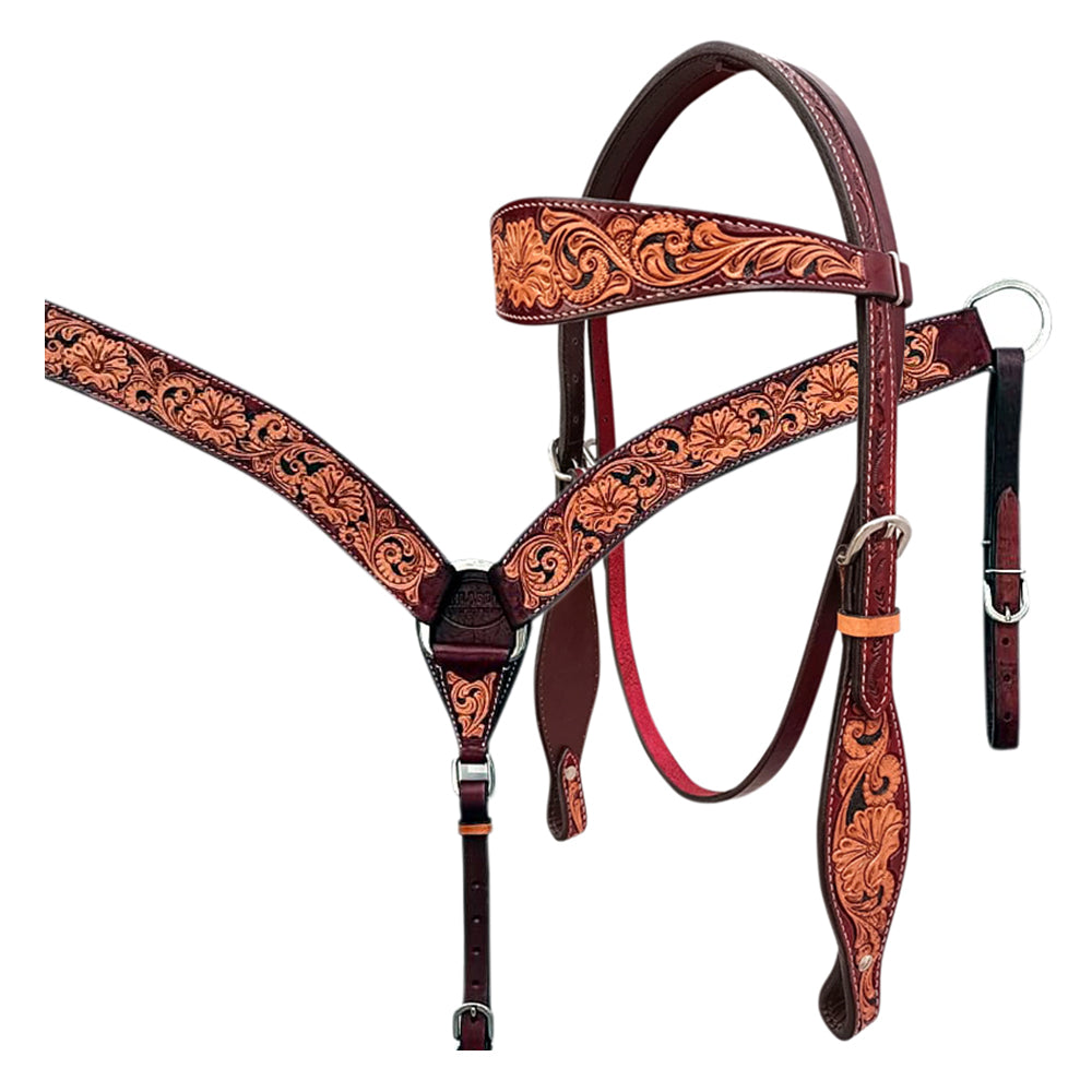 HILASON Western Horse Headstall & Breast Collar Tack Set American Leather Floral Carving Brown