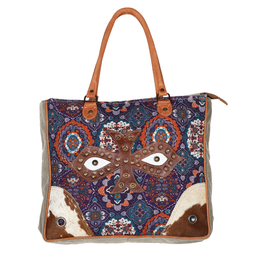 OHLAY Weekender Upcycled Canvas Embossed Hair-On Genuine Leather Women Bag Western Handbag Pursee Womens Handbags