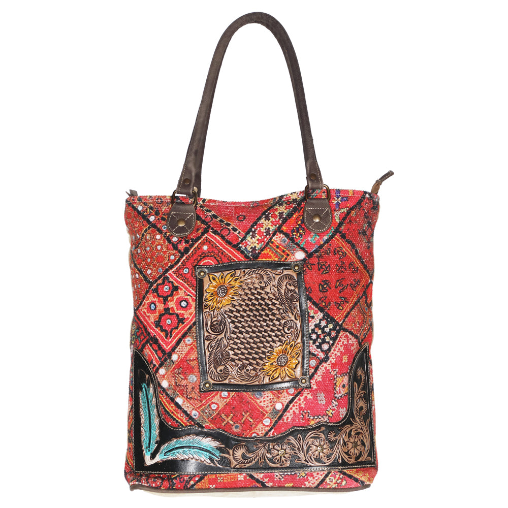 OHLAY KB615 TOTE Hand Tooled Upcycled Wool Canvas Genuine Leather women bag western handbag purse
