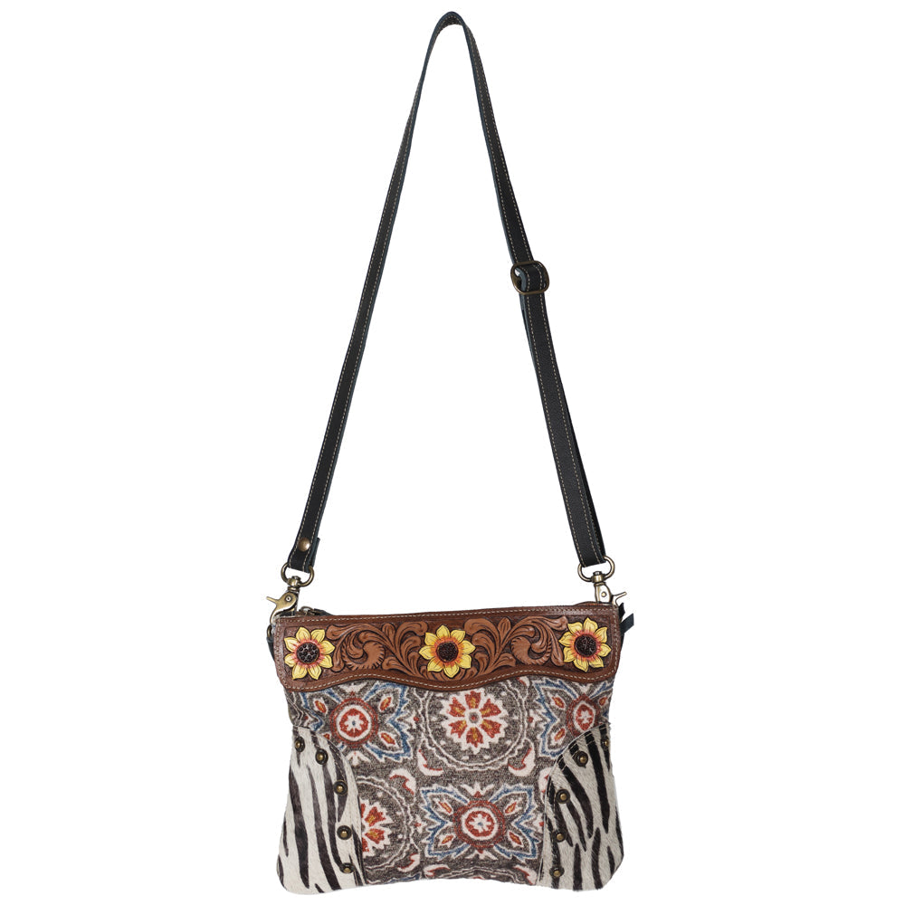 OHLAY KB650 Cross Body Hand Tooled Upcycled Canvas Hair-On Genuine Leather women bag western handbag purse