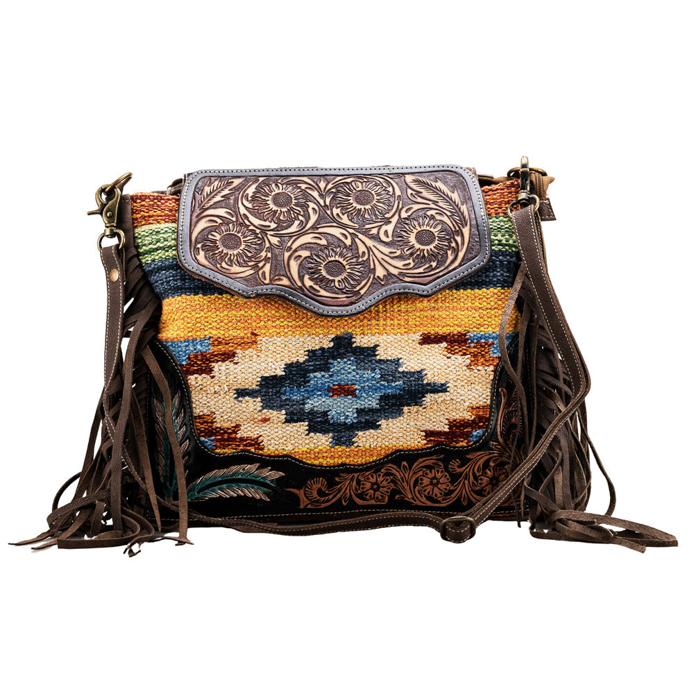 OHLAY KB676 Cross Body Hand Tooled Upcycled Wool Upcycled Canvas Genuine Leather women bag western handbag purse