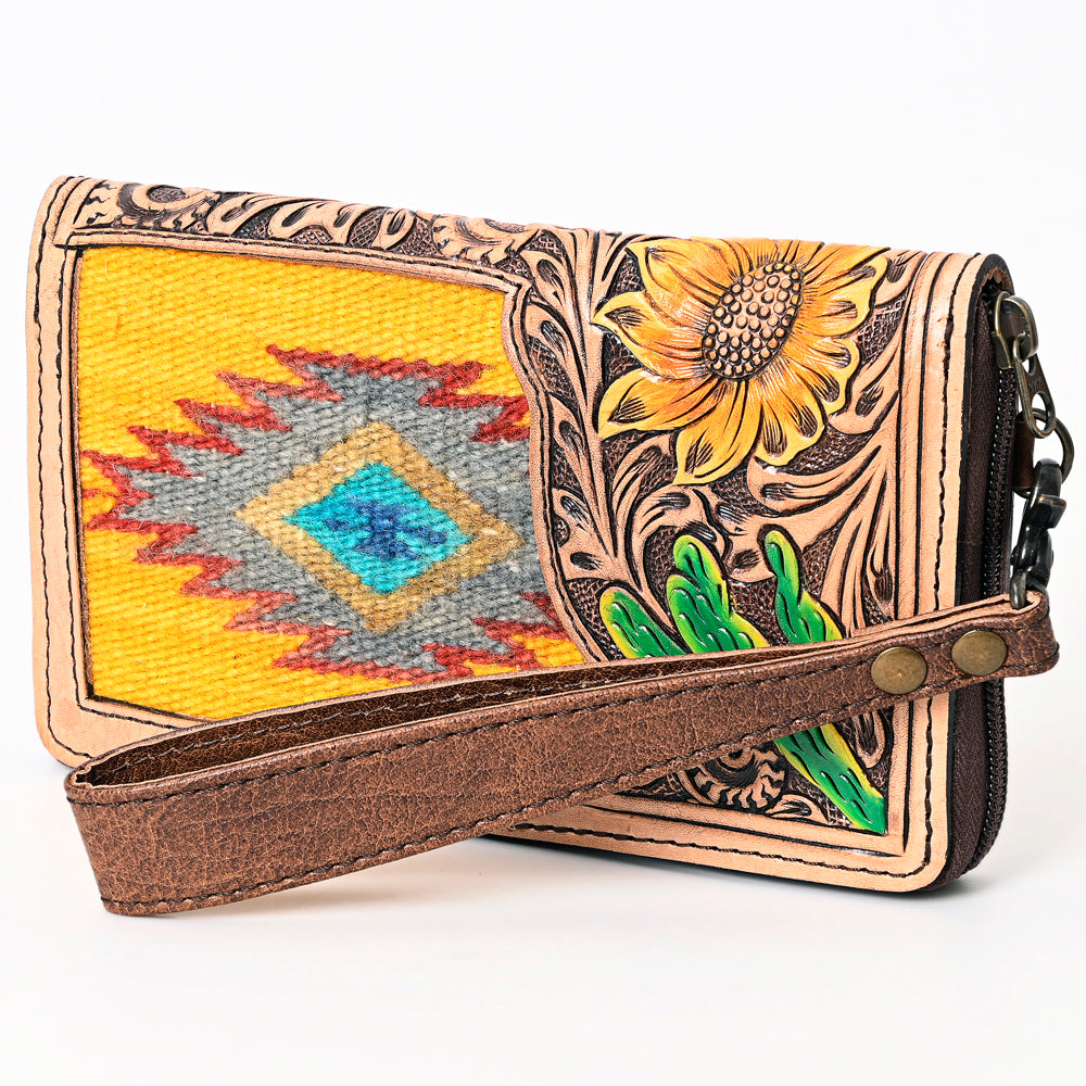 American Darling Western Organizer Bag Hand Woven Saddle Blanket Hand Tooled Leather Small Organizer 4.5in (H) X 8in (W)