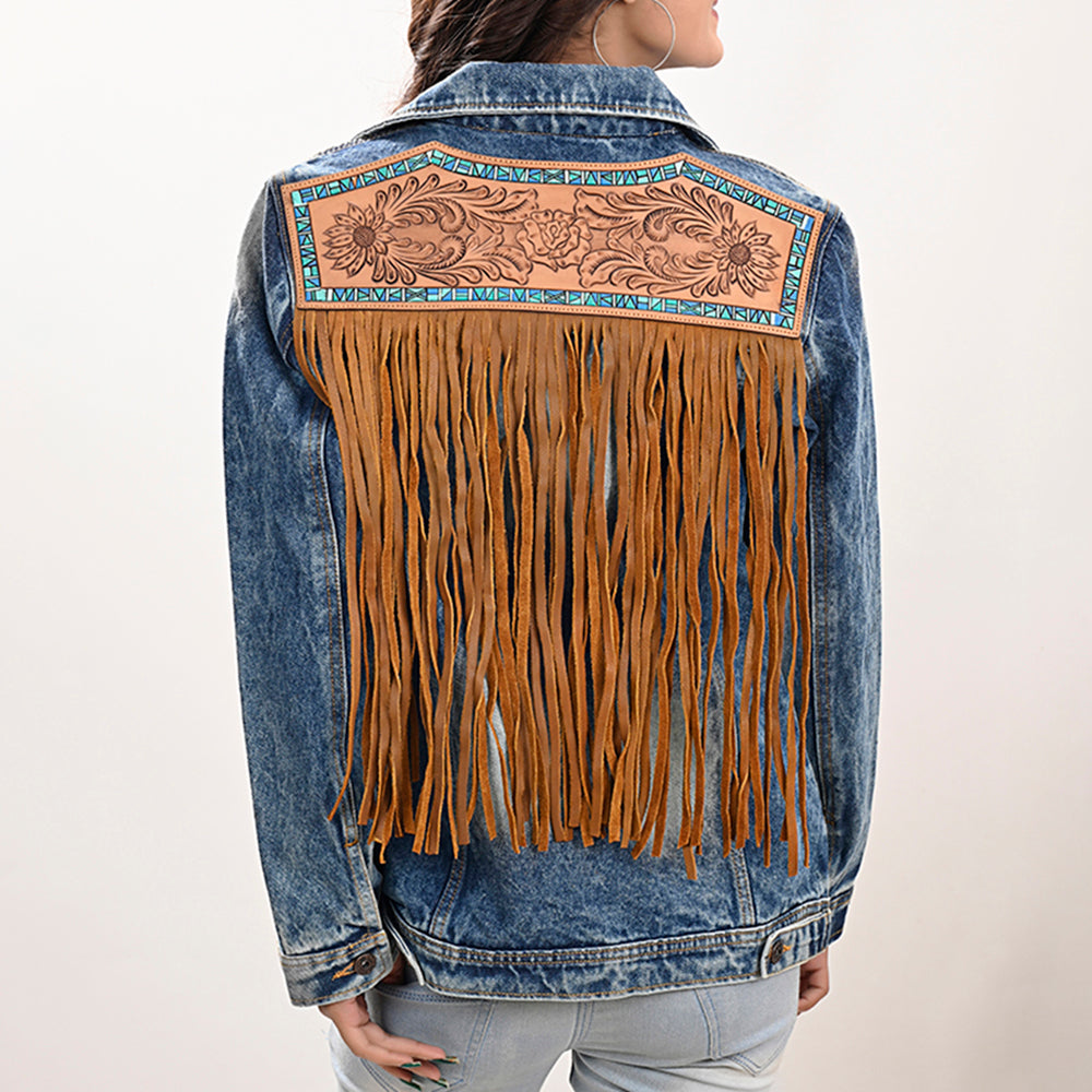 American Darling Genuine leather Hand tooled carved Women 100% cotton Denim jacket dress ladies girl | Shirt for