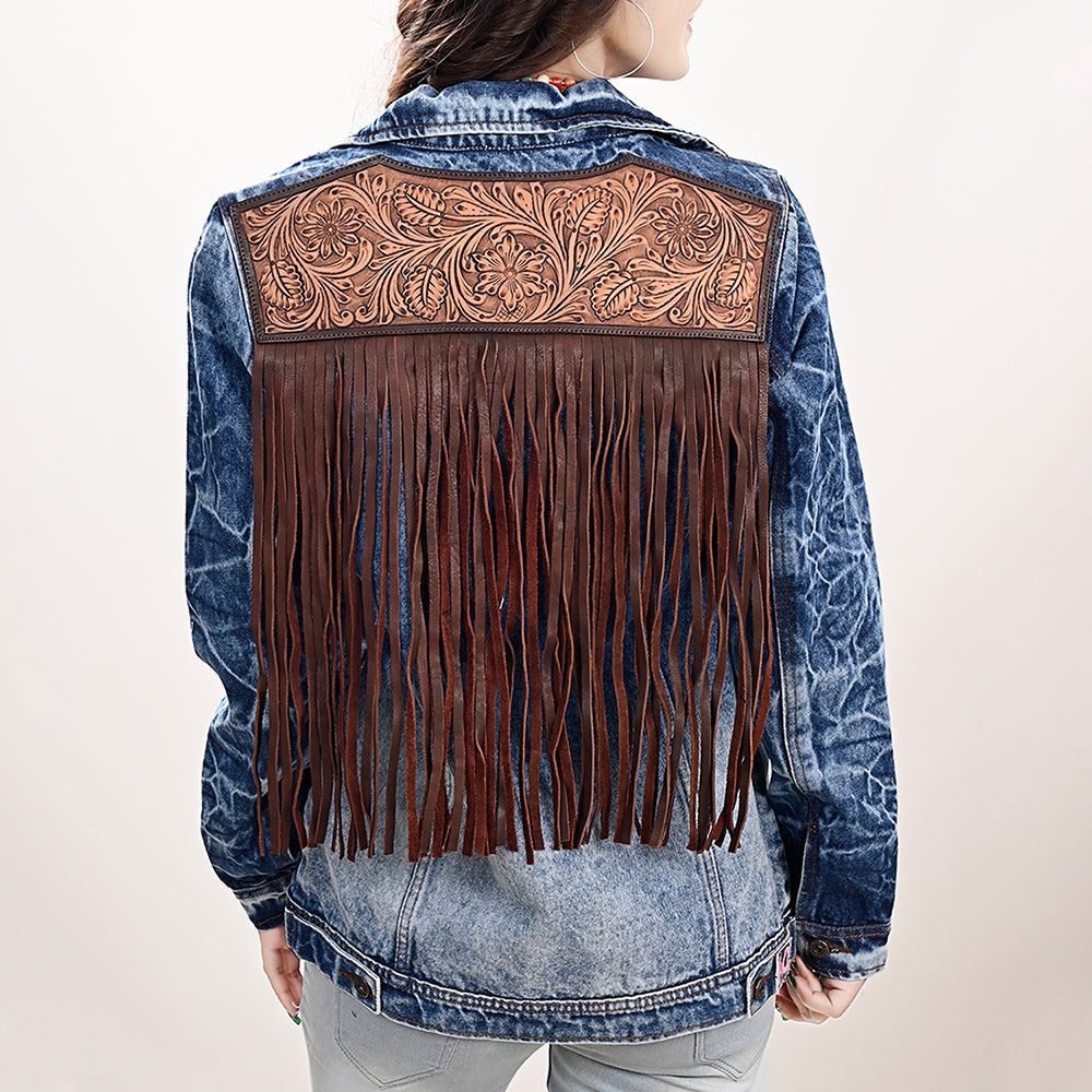 American Darling Genuine leather Hand tooled carved Women 100% cotton Denim jacket dress ladies girl | Shirt for