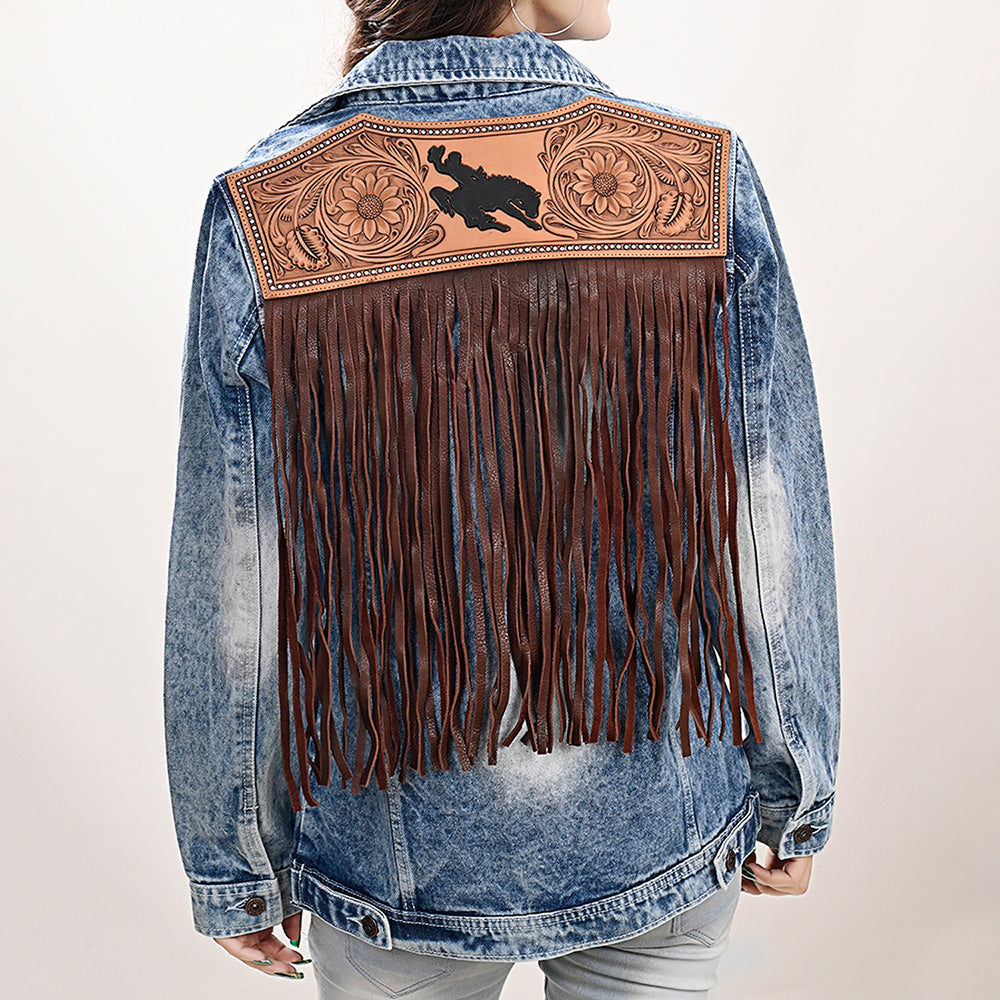 American Darling Genuine leather Hand tooled carved Women 100% cotton Denim jacket dress ladies girl | Shirt for