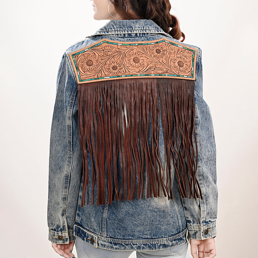 American Darling Genuine leather Hand tooled carved Women 100% cotton Denim jacket dress ladies girl | Shirt for