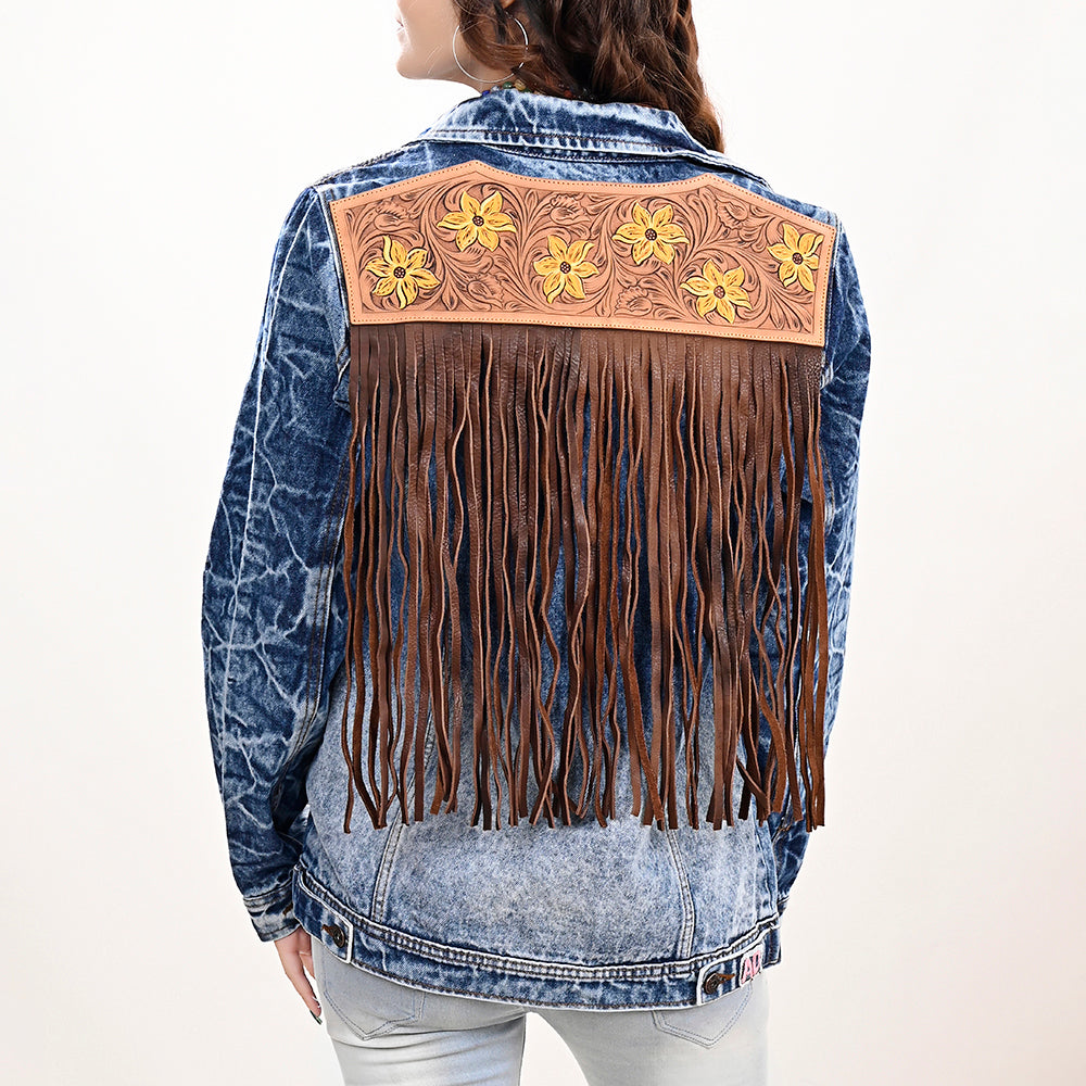 American Darling Genuine leather Hand tooled carved Women 100% cotton Denim jacket dress ladies girl | Shirt for