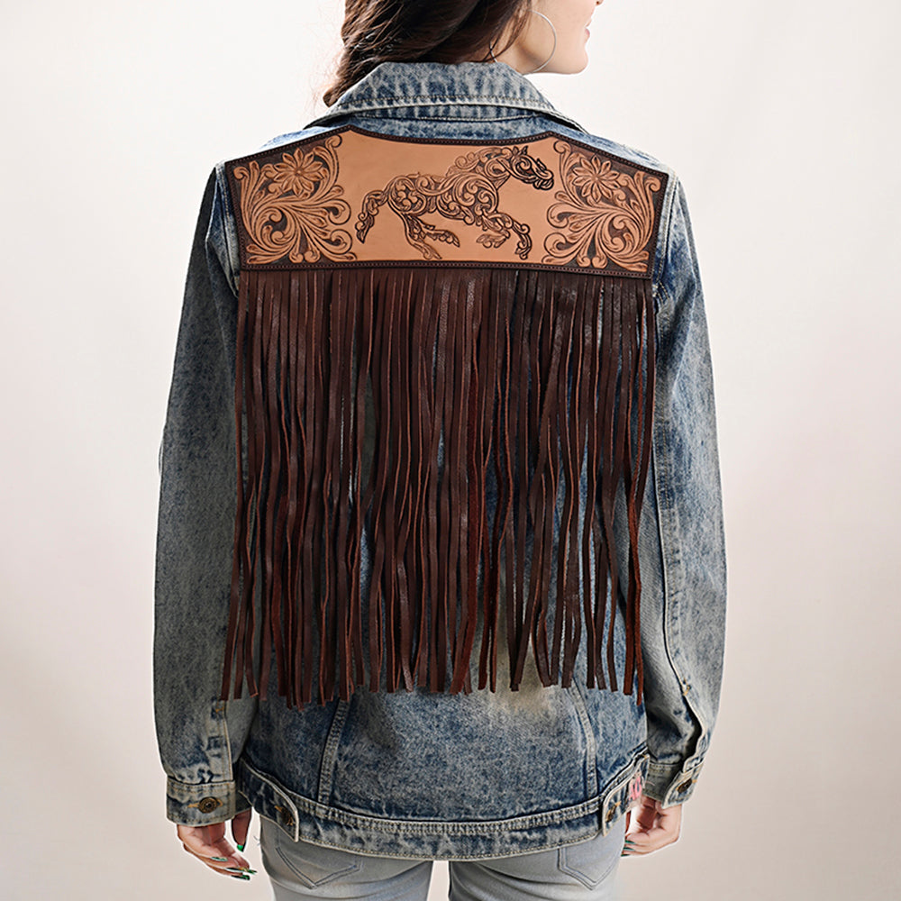 American Darling Genuine leather Hand tooled carved Women 100% cotton Denim jacket dress ladies girl | Shirt for