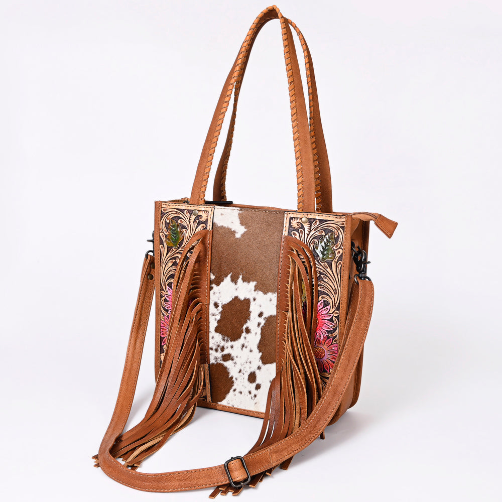 American Darling Western Tote Bag – Genuine Hair-on Cowhide and Leather, Hand-Tooled Floral Design with Long Fringes and Dual Carry Straps