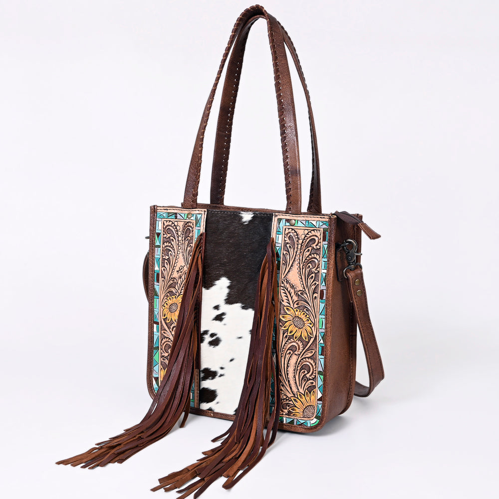 American Darling Western Tote Bag – Genuine Hair-on Cowhide and Leather, Hand-Tooled Floral Design with Long Fringes and Dual Carry Straps