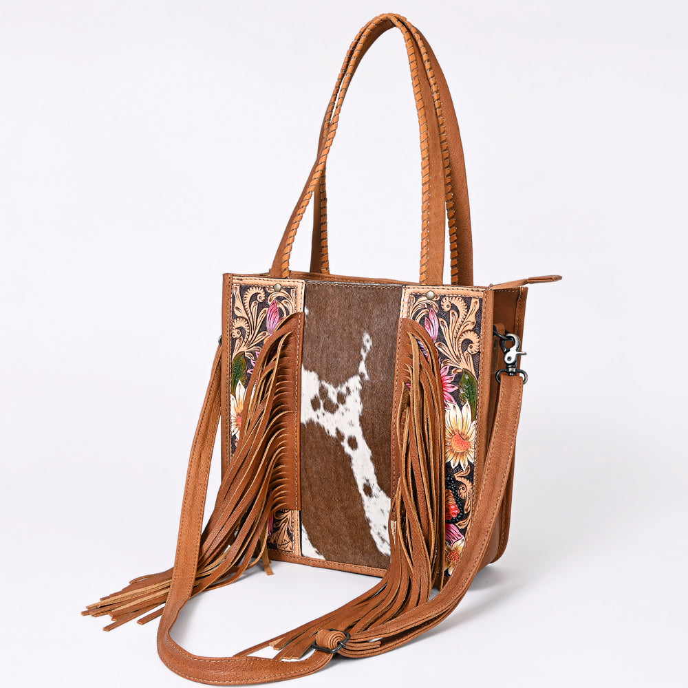 American Darling Western Tote Bag – Genuine Hair-on Cowhide and Leather, Hand-Tooled Floral Design with Long Fringes and Dual Carry Straps