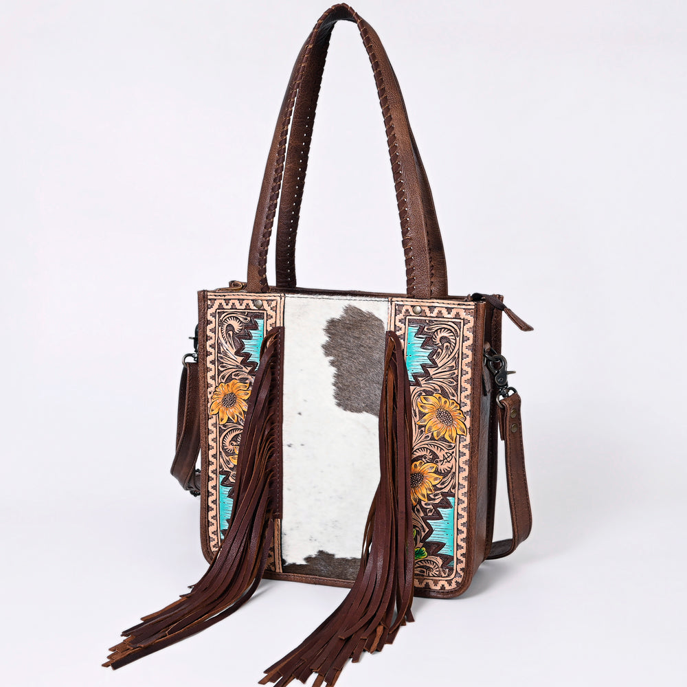 American Darling Western Tote Bag – Genuine Hair-on Cowhide and Leather, Hand-Tooled Floral Design with Long Fringes and Dual Carry Straps