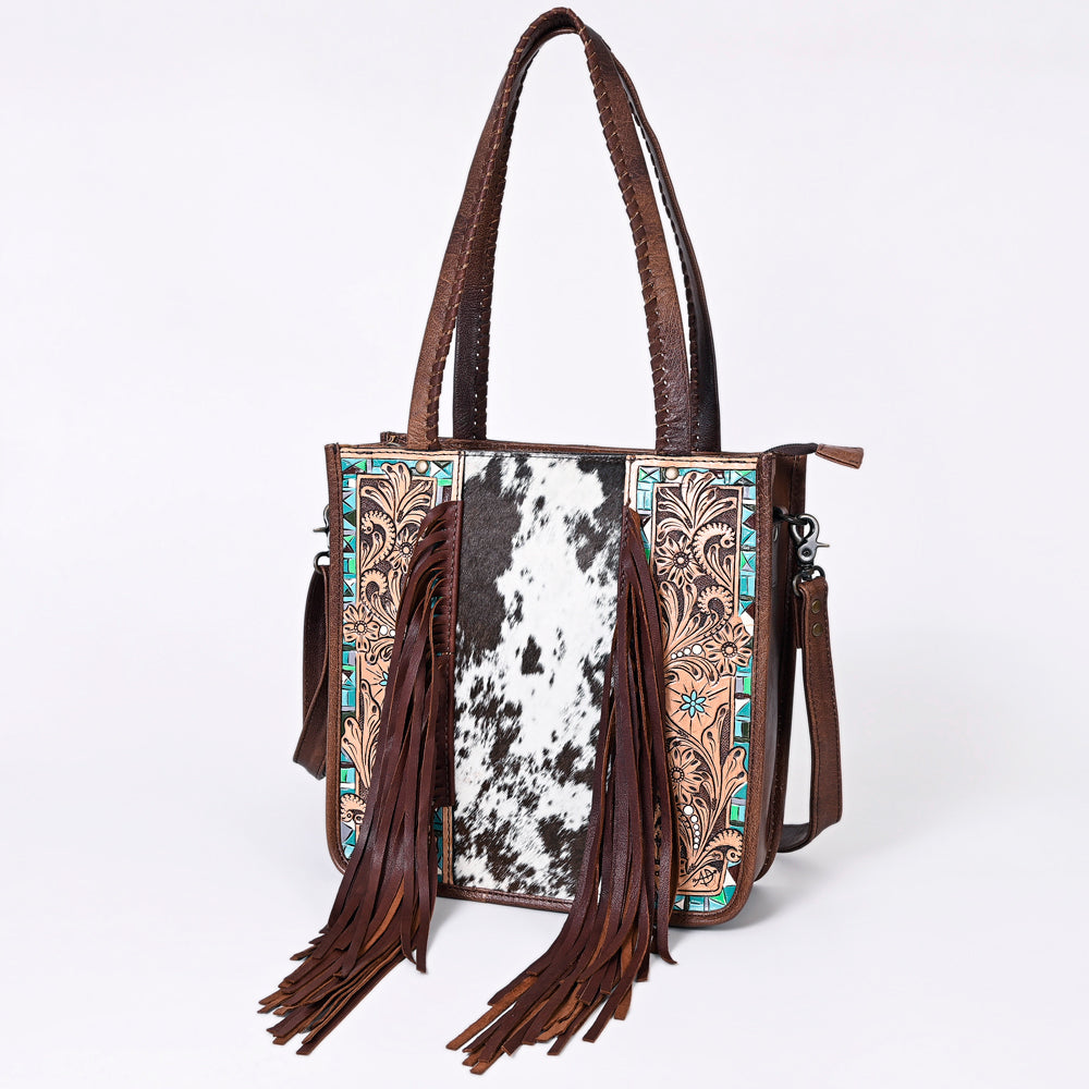 American Darling Western Tote Bag – Genuine Hair-on Cowhide and Leather, Hand-Tooled Floral Design with Long Fringes and Dual Carry Straps