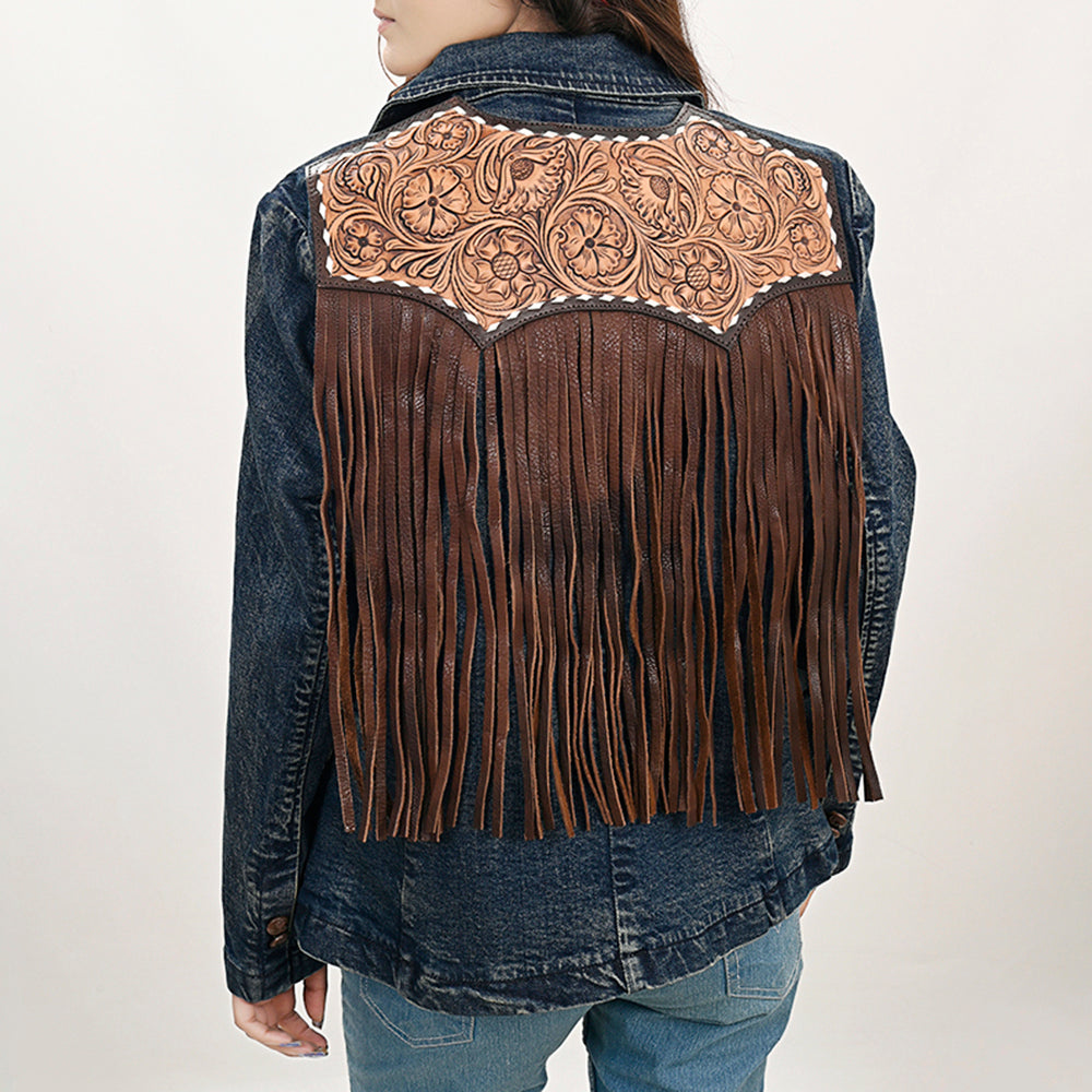 American Darling Genuine leather Hand tooled carved Women 100% cotton Denim Blazer dress jacket ladies |Vintage