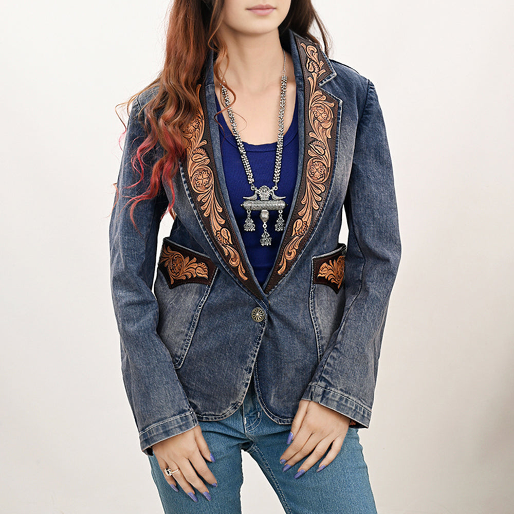 American Darling Genuine leather Hand tooled carved Women 100% cotton Denim Blazer dress jacket ladies |Vintage