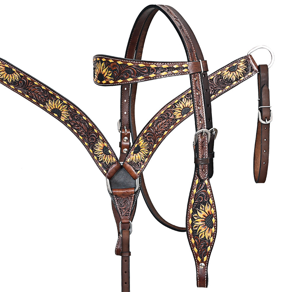 Comfytack Horse Floral Hand Painted Genuine Leather Breast Collar Headstall Brown