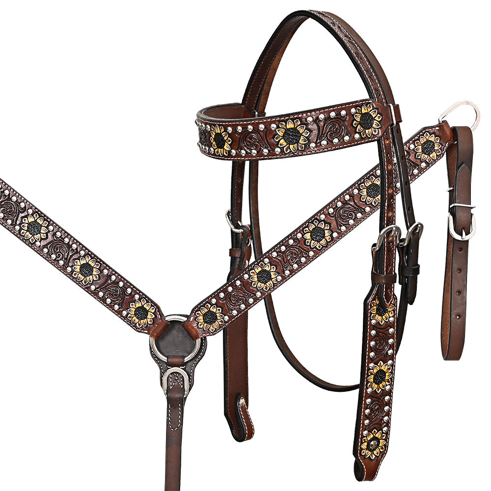 Comfytack Sunflower Western Horse Leather Breast Collar & Headstall Brown
