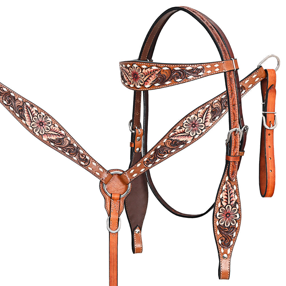 Comfytack Horse Floral Hand Painted Genuine Leather Breast Collar Headstall Brown