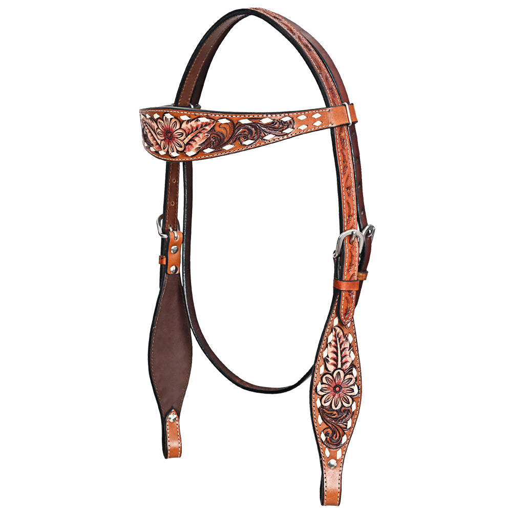 Comfytack Western Horse Floral Hand Painted Genuine Leather Headstall Brown