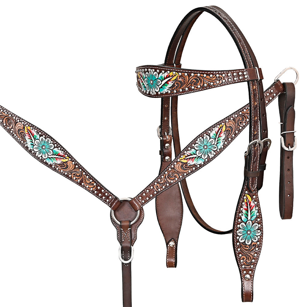 Comfytack Horse Floral Hand Painted Genuine Leather Breast Collar Headstall Brown