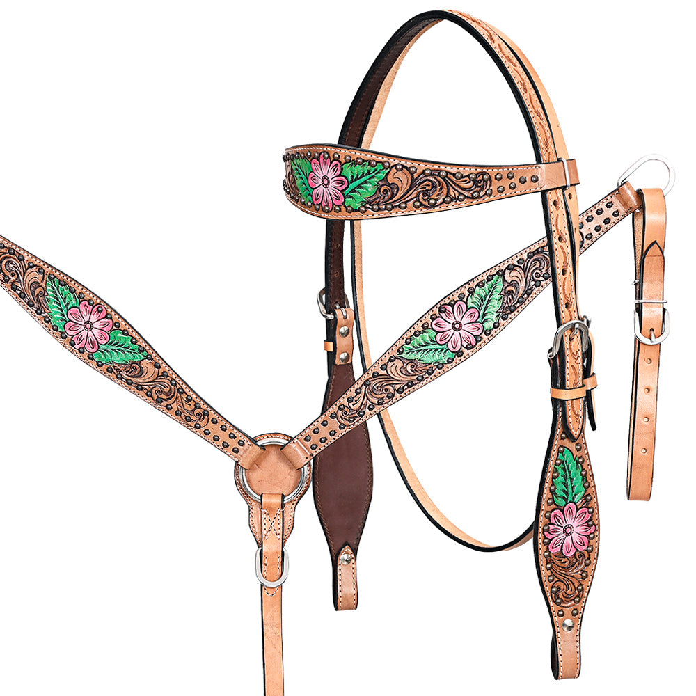 Comfytack Horse Floral Hand Painted Genuine Leather Breast Collar Headstall Tan