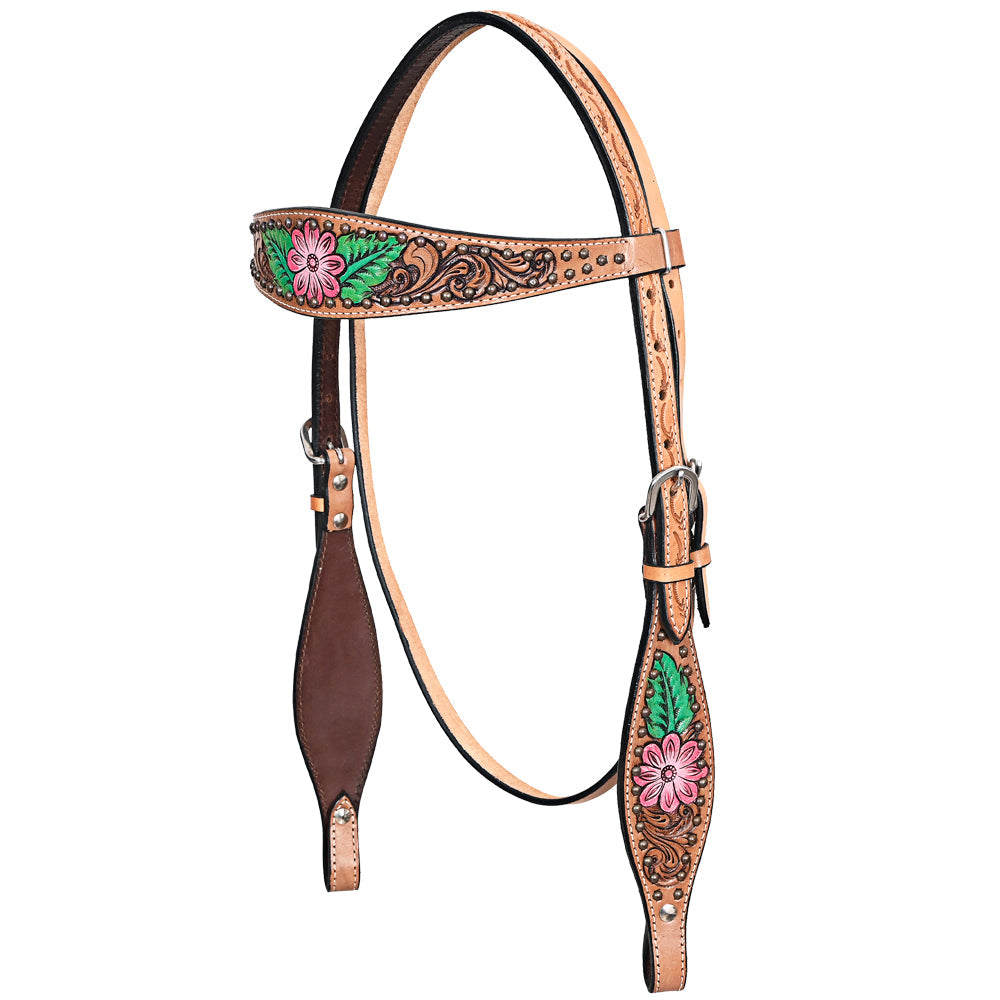 Comfytack Horse Floral Hand Painted Genuine Leather Headstall Tan