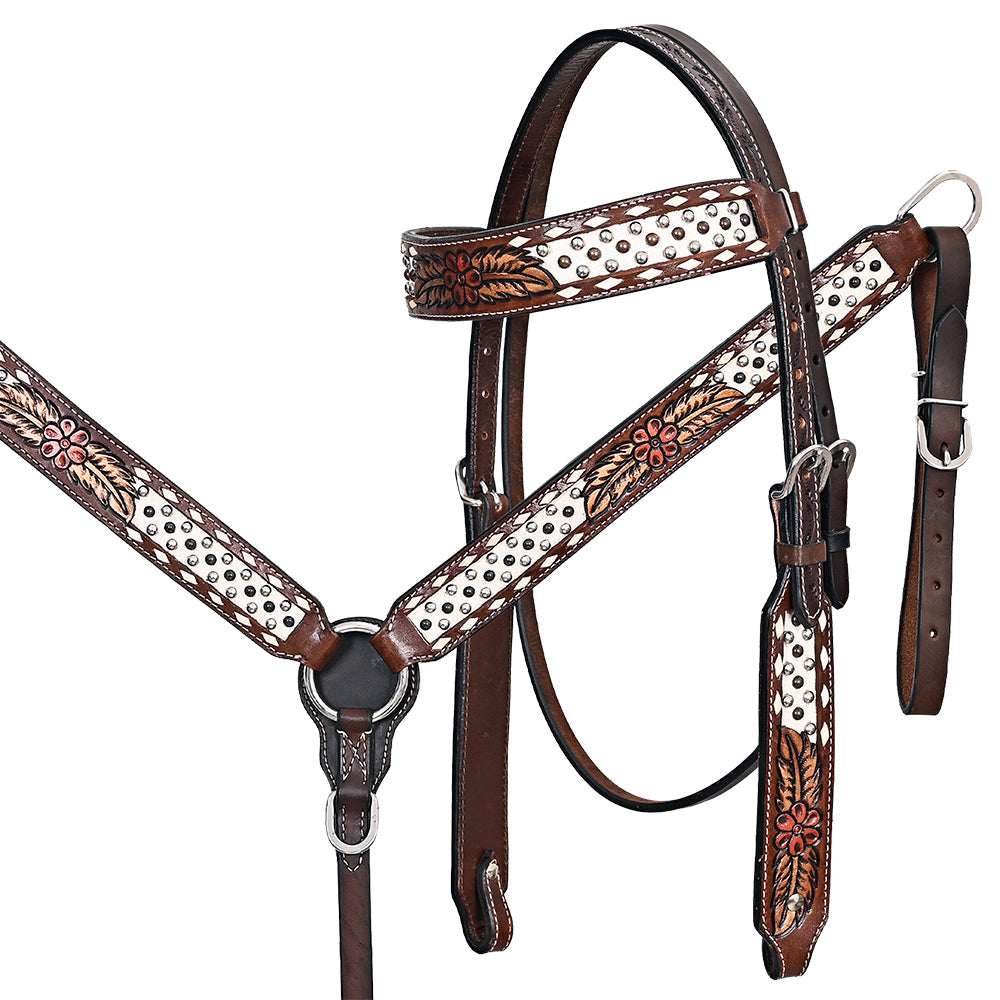 Comfytack Horse Floral Hand Painted Genuine Leather Breast Collar Headstall Brown