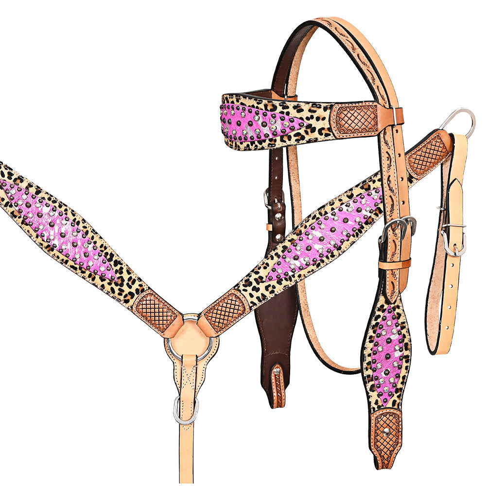 HILASON Western Horse Leopard Print Headstall Breast Collar Hairon Leather Tan