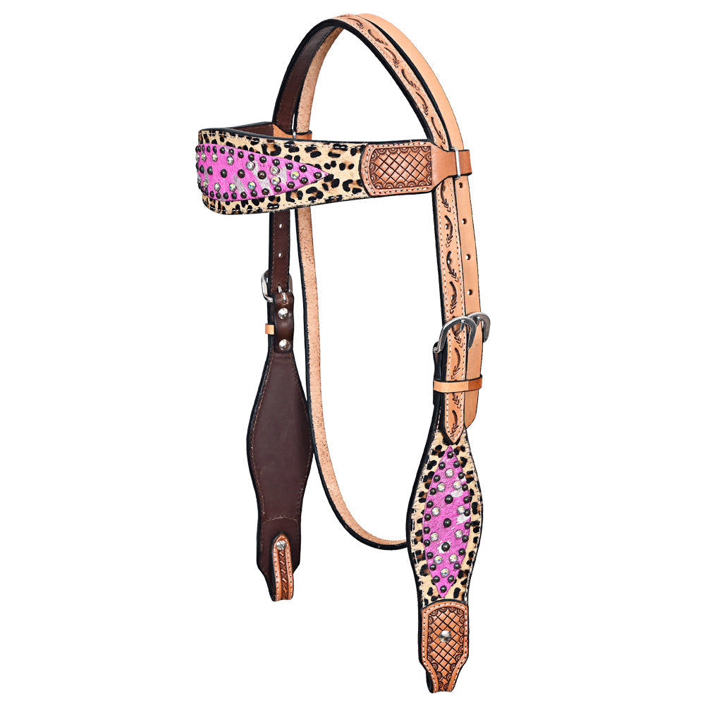 HILASON Western Horse Leopard Print Headstall Breast Collar Hairon Leather Tan