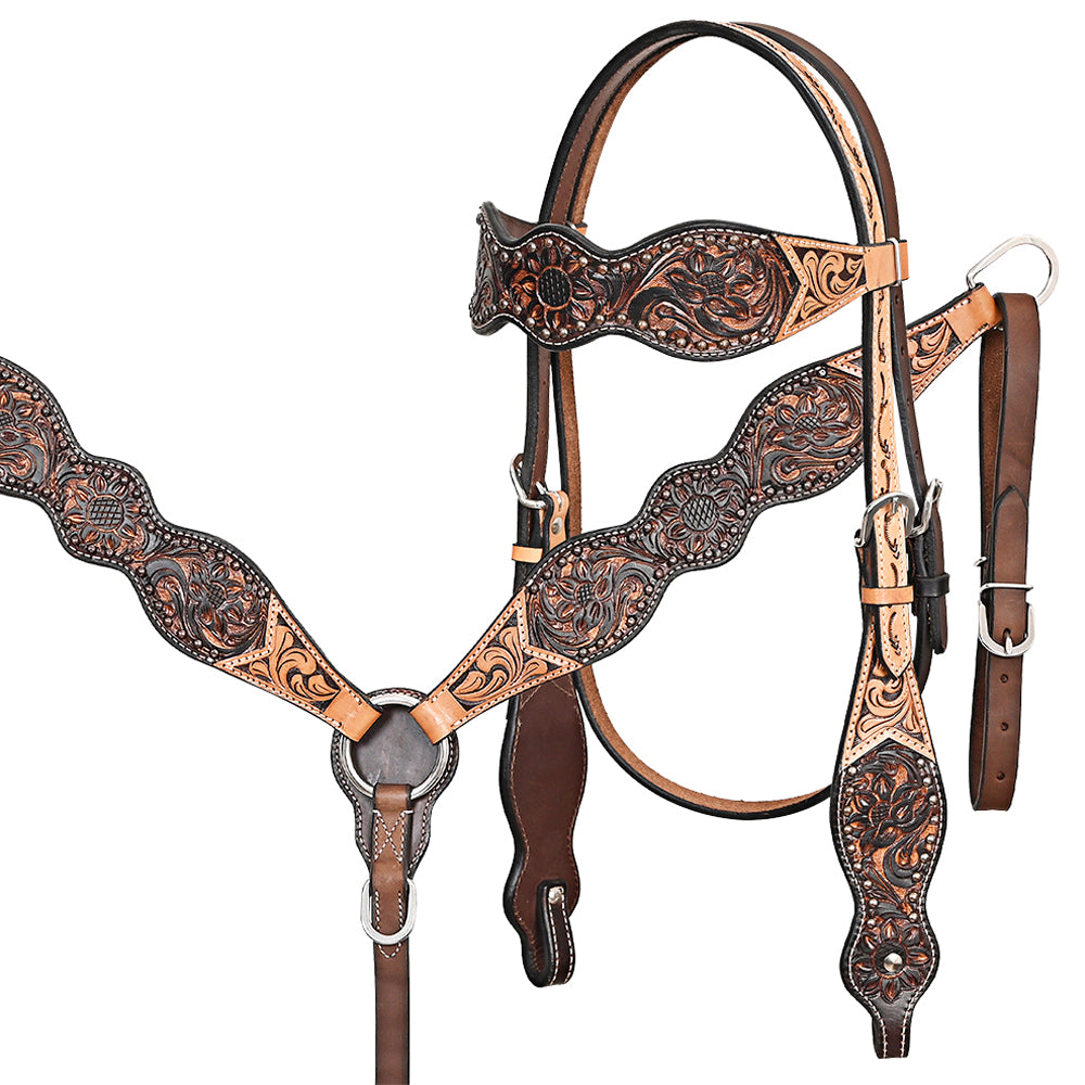HILASON Western Horse Floral Headstall Breast Collar Set American Leather Brown | Tack for Horses