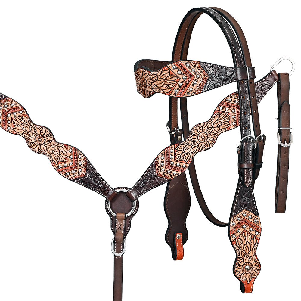 HILASON Western Horse Headstall & Breast Collar American Leather Hand Carving