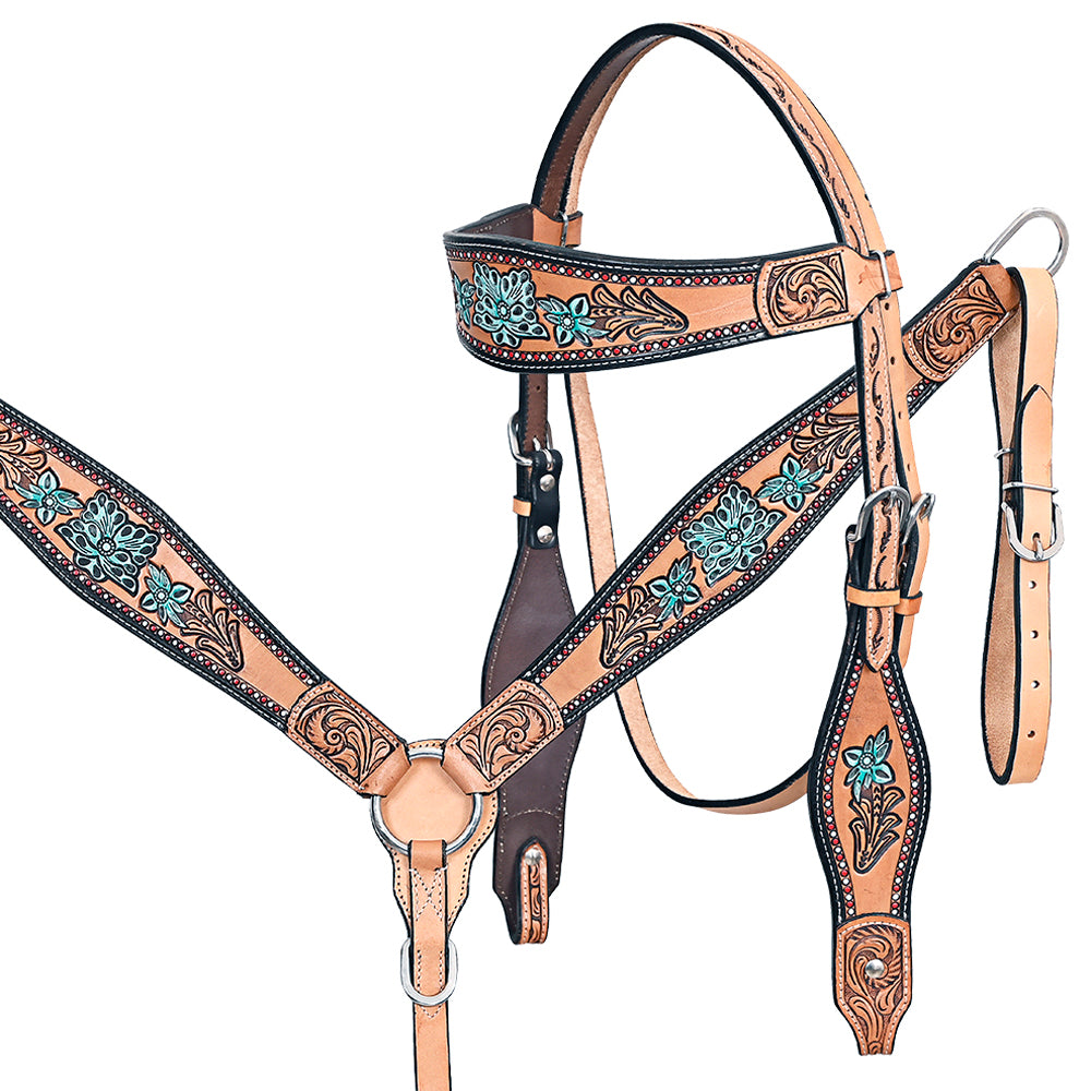 HILASON Western Horse Headstall & Breast Collar American Leather Floral Carving