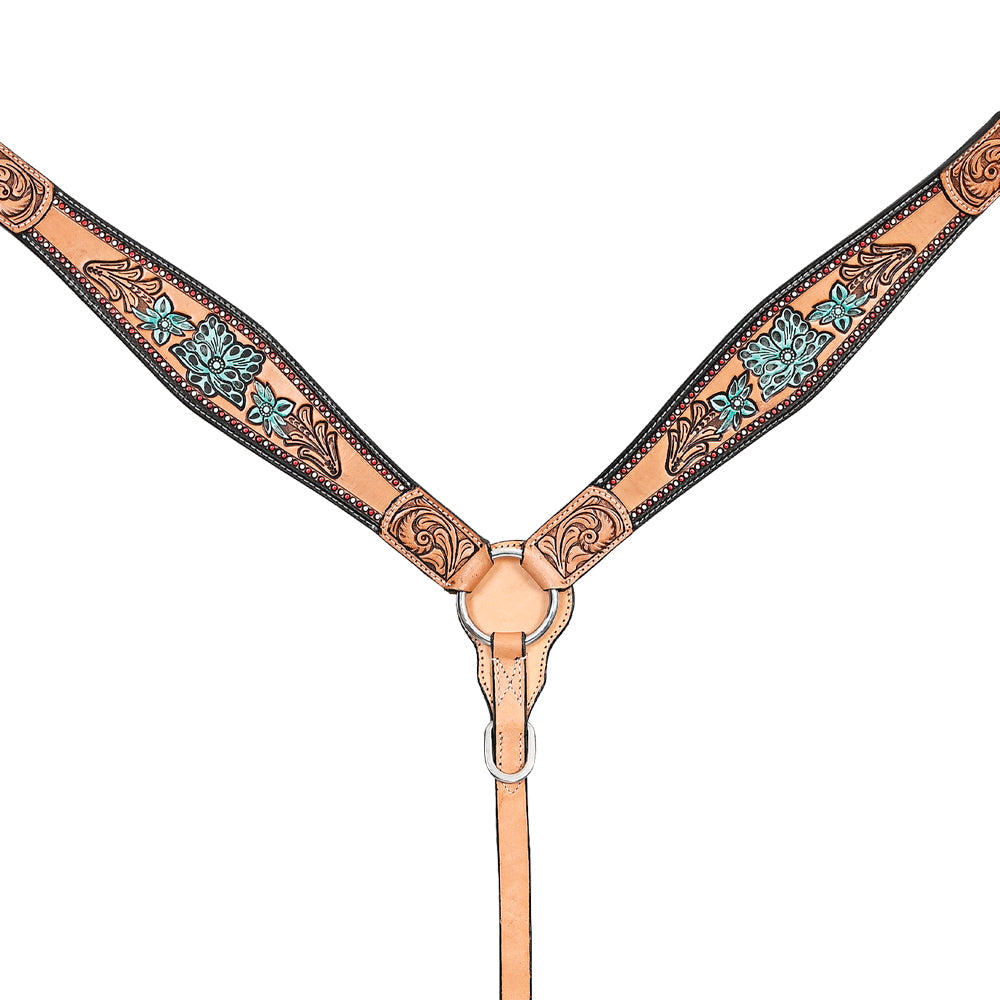 HILASON Western Horse Floral Headstall Breast Collar Set American Leather Tan with Turquoise | Tack for Horses