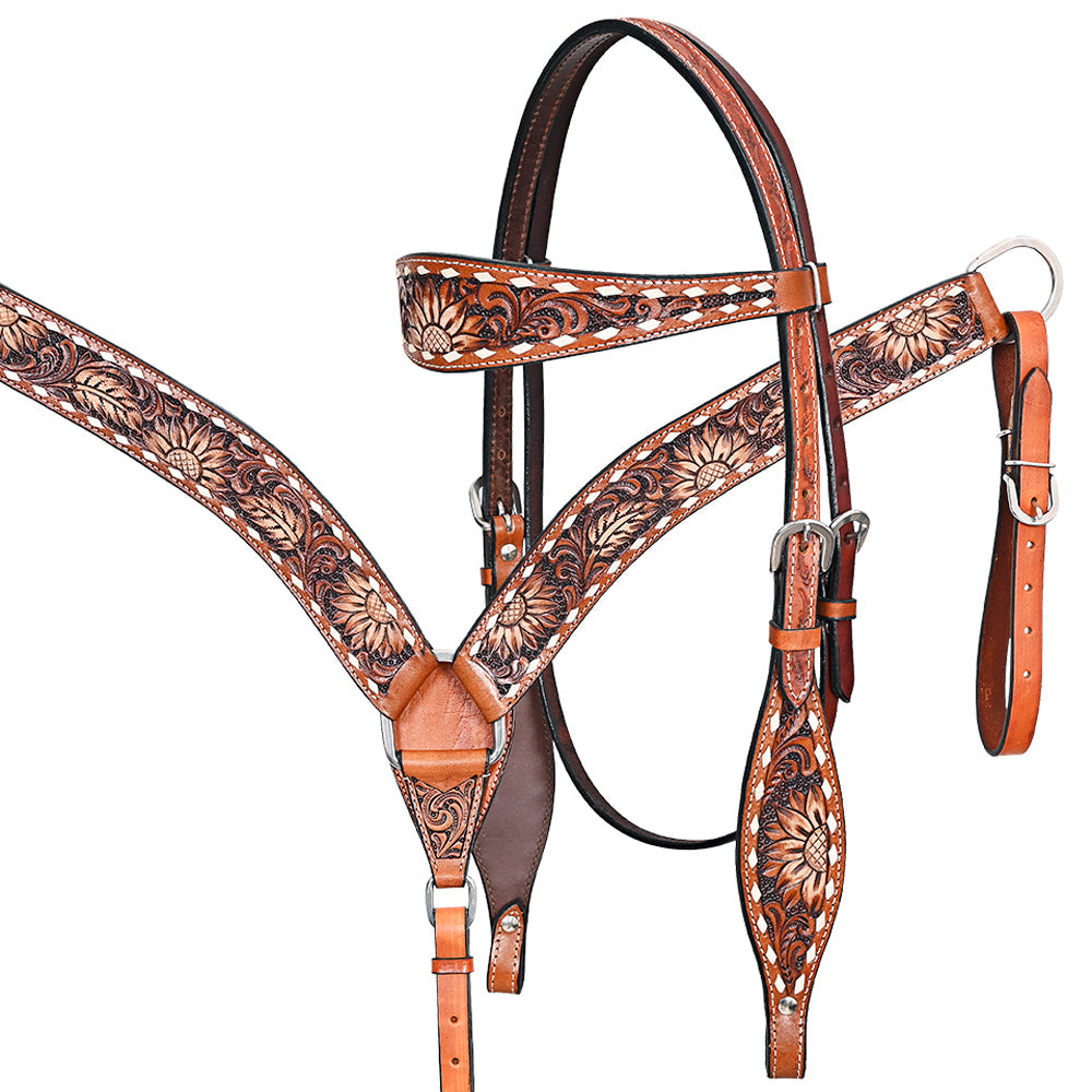 Comfytack Horse Floral Hand Painted Genuine Leather Breast Collar Headstall Brown