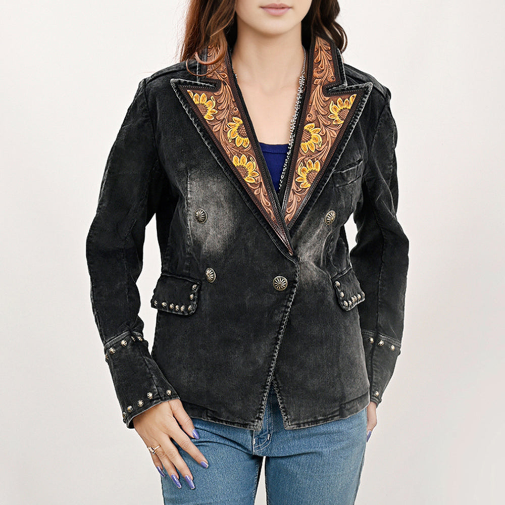 American Darling Genuine leather Hand tooled carved Women 100% cotton Denim Blazer dress jacket ladies | Vintage